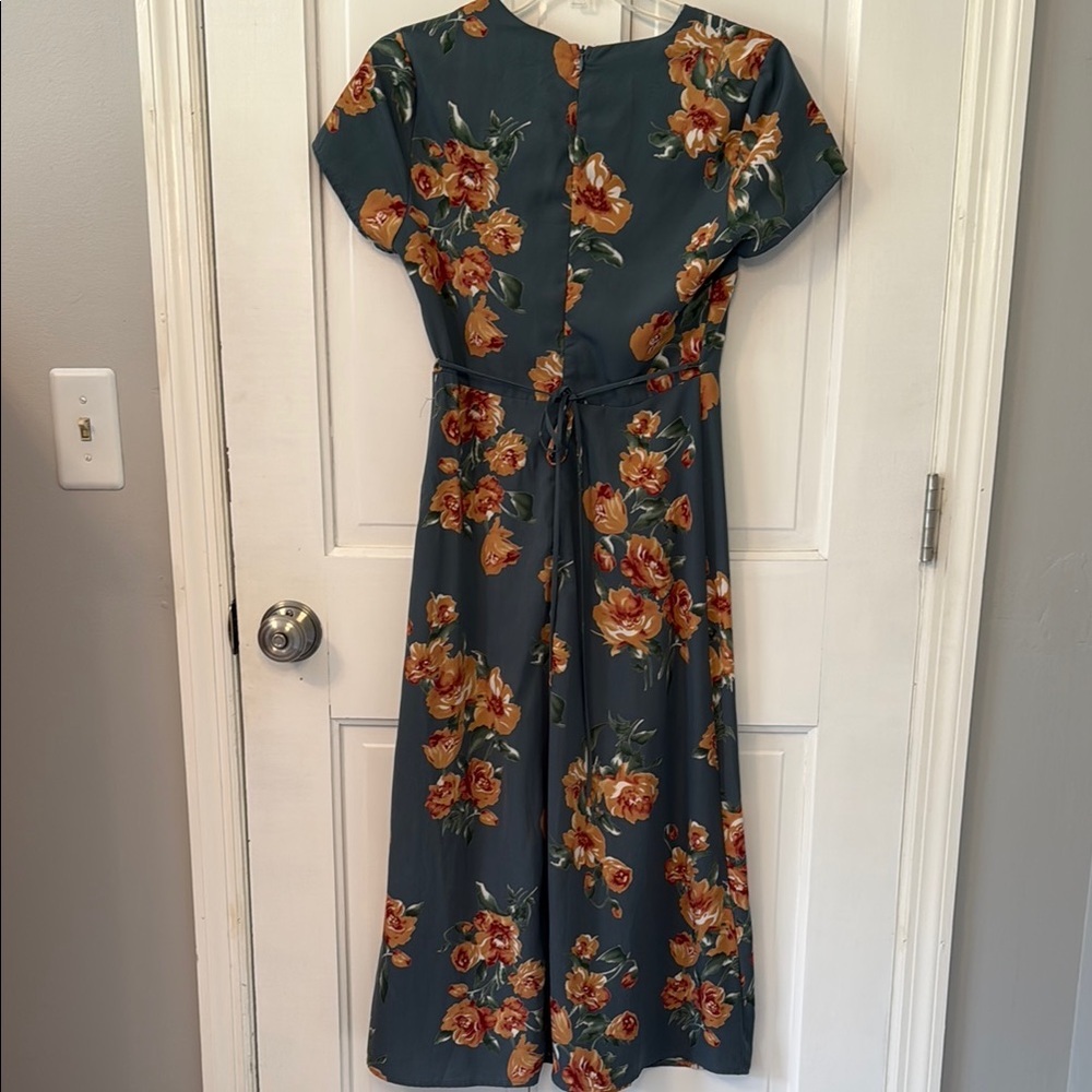 Lulus Floral Teal Midi Dress Summer Edit Sz XS - Picture 4 of 5